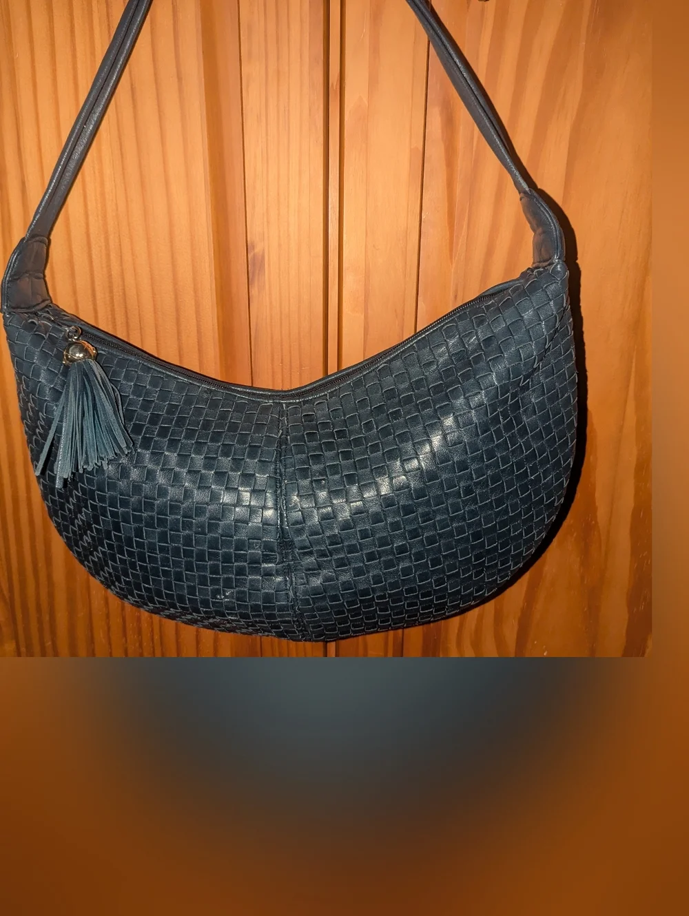 Vintage Woven Leather Hobo Bag In Navy Blue. Made In Korea